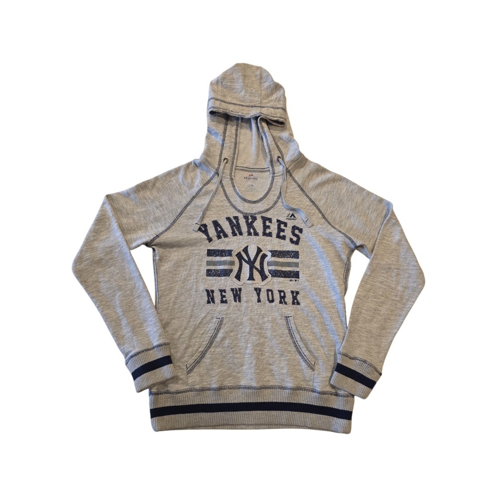 NY Yankees Majestic Hoodie Womens Medium Gray Pullover MLB Sweatshirt